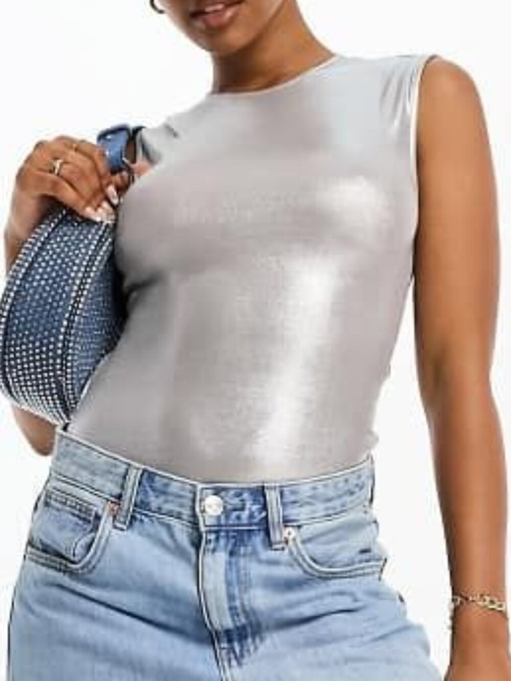 Silver Metallic Sleeveless Bodysuit – Women’s Size [SMALL] – Shiny Stretch Top
